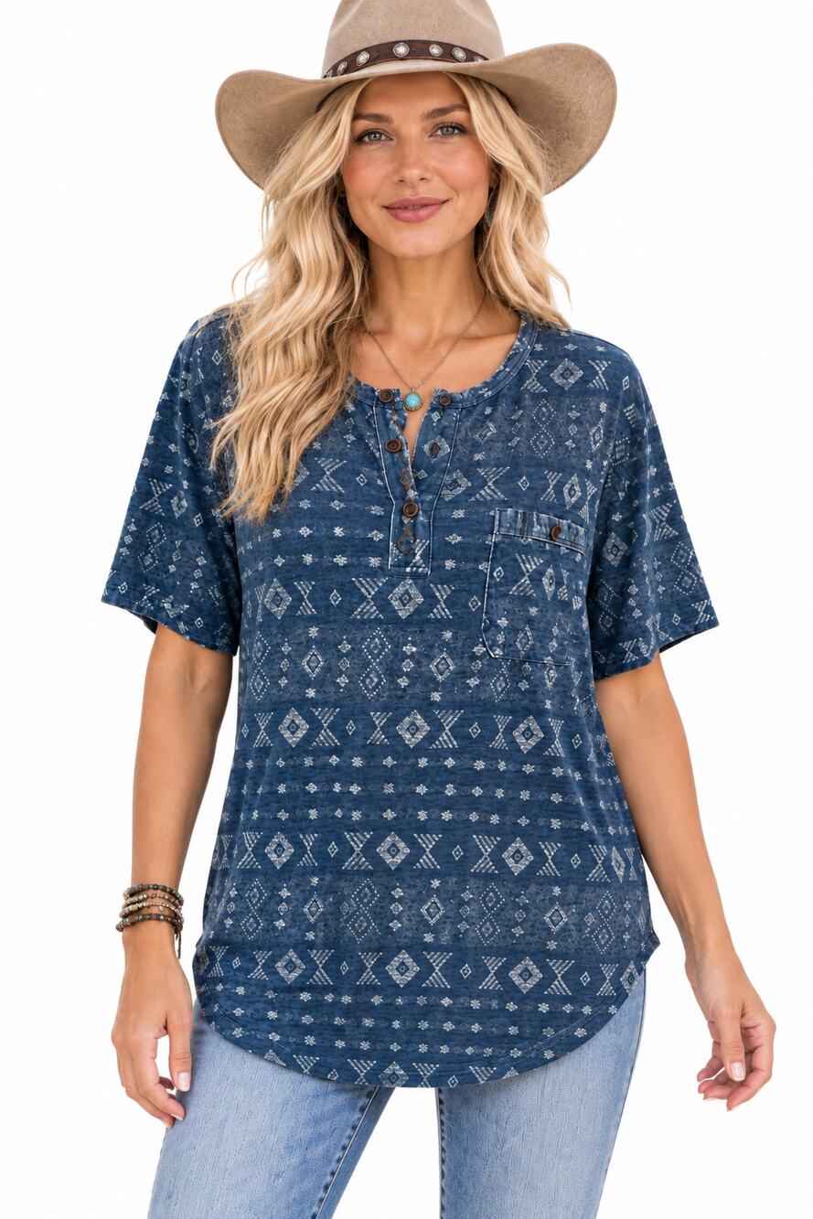 Lucky Brand Southwest Henley Top Womens Large Indigo Blue Cotton Boho Tribal Tee
